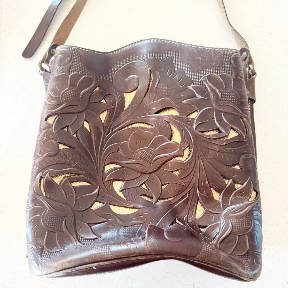 Patricia Nash Lavello Cut Out Tooled Brown Leather‎ Crossbody Bucket Bag